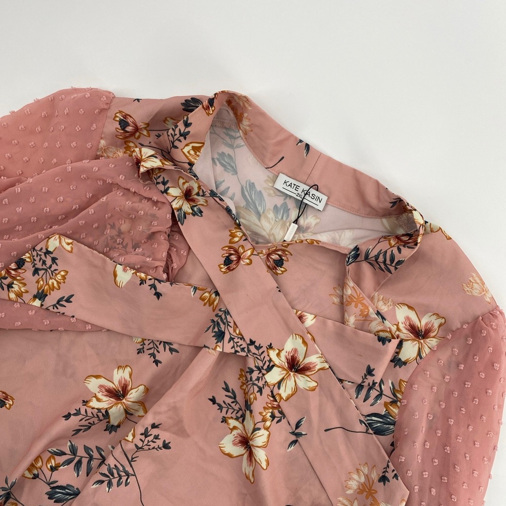 NEW Kate Kasin Floral Tie Neck Blouse Womens 2XL Pink Swiss Dot Sheer Boho Chic